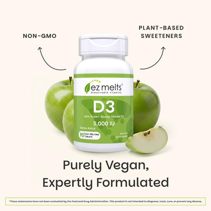 EZ Melts Vitamin D3 5.000 IE lösliche Tabletten – Veganes Vitamin D für Knochen & Zähne – Ohne künstliche Aromen – Pflanzenbasiert & Nicht-GVO – Grüner Apfel – 90 Portionen