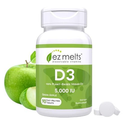 EZ Melts Vitamin D3 5.000 IE lösliche Tabletten – Veganes Vitamin D für Knochen & Zähne – Ohne künstliche Aromen – Pflanzenbasiert & Nicht-GVO – Grüner Apfel – 90 Portionen