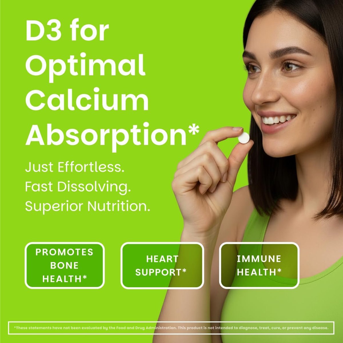EZ Melts Vitamin D3 5.000 IE lösliche Tabletten – Veganes Vitamin D für Knochen & Zähne – Ohne künstliche Aromen – Pflanzenbasiert & Nicht-GVO – Grüner Apfel – 90 Portionen