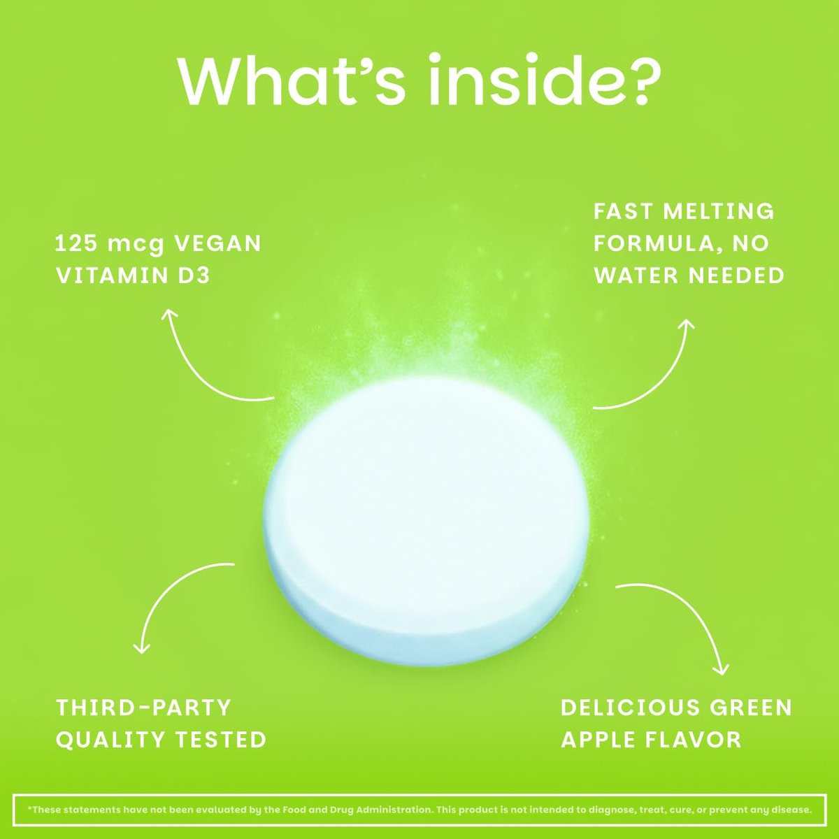 EZ Melts Vitamin D3 5.000 IE lösliche Tabletten – Veganes Vitamin D für Knochen & Zähne – Ohne künstliche Aromen – Pflanzenbasiert & Nicht-GVO – Grüner Apfel – 90 Portionen