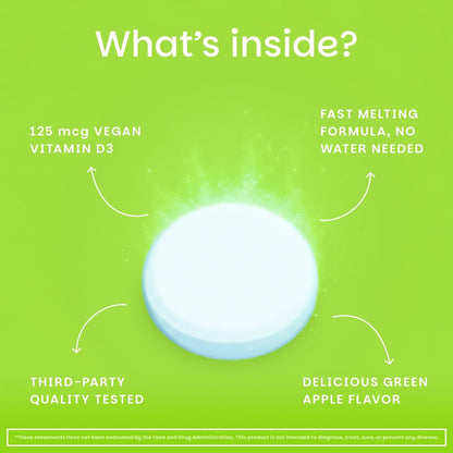 EZ Melts Vitamin D3 5.000 IE lösliche Tabletten – Veganes Vitamin D für Knochen & Zähne – Ohne künstliche Aromen – Pflanzenbasiert & Nicht-GVO – Grüner Apfel – 90 Portionen