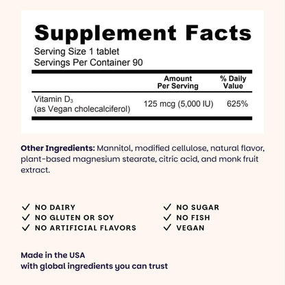 EZ Melts Vitamin D3 5.000 IE lösliche Tabletten – Veganes Vitamin D für Knochen & Zähne – Ohne künstliche Aromen – Pflanzenbasiert & Nicht-GVO – Grüner Apfel – 90 Portionen