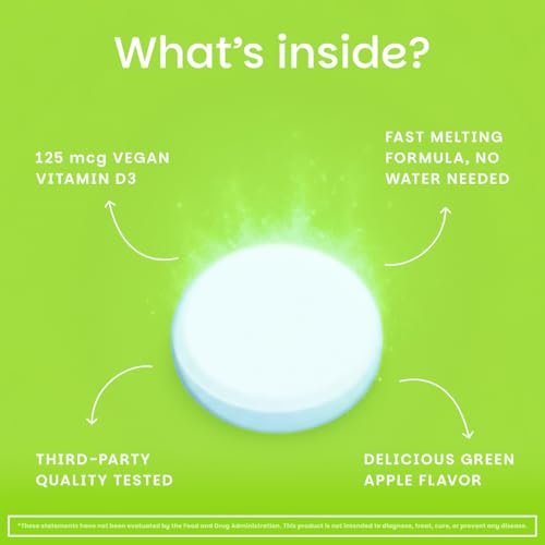EZ Melts Vitamin D3 5.000 IE lösliche Tabletten – Veganes Vitamin D für Knochen & Zähne – Ohne künstliche Aromen – Pflanzenbasiert & Nicht-GVO – Grüner Apfel – 90 Portionen