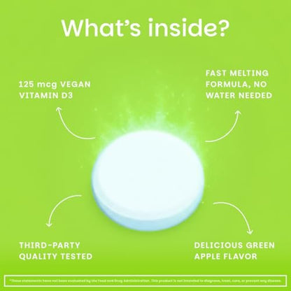 EZ Melts Vitamin D3 5.000 IE lösliche Tabletten – Veganes Vitamin D für Knochen & Zähne – Ohne künstliche Aromen – Pflanzenbasiert & Nicht-GVO – Grüner Apfel – 90 Portionen
