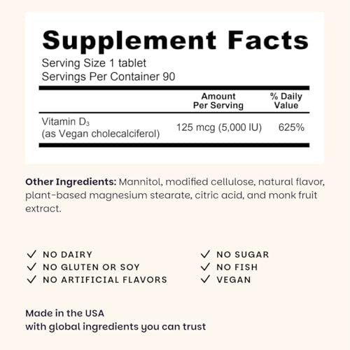 EZ Melts Vitamin D3 5.000 IE lösliche Tabletten – Veganes Vitamin D für Knochen & Zähne – Ohne künstliche Aromen – Pflanzenbasiert & Nicht-GVO – Grüner Apfel – 90 Portionen