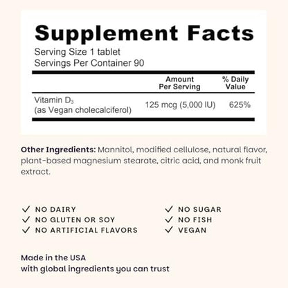 EZ Melts Vitamin D3 5.000 IE lösliche Tabletten – Veganes Vitamin D für Knochen & Zähne – Ohne künstliche Aromen – Pflanzenbasiert & Nicht-GVO – Grüner Apfel – 90 Portionen