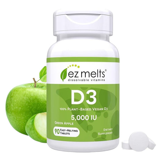 EZ Melts Vitamin D3 5.000 IE lösliche Tabletten – Veganes Vitamin D für Knochen & Zähne – Ohne künstliche Aromen – Pflanzenbasiert & Nicht-GVO – Grüner Apfel – 90 Portionen