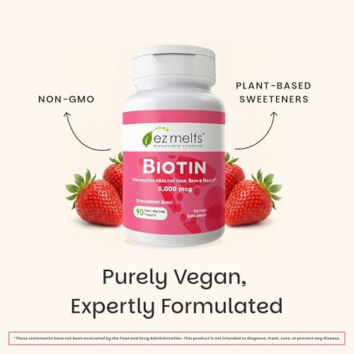 EZ Melts Biotin 90 Lutschtabletten - Vitamin B7 für gesundes Haar, Haut & Nägel - Energie-Stoffwechsel - Erdbeer-Geschmack - Vegan & Nicht-GVO