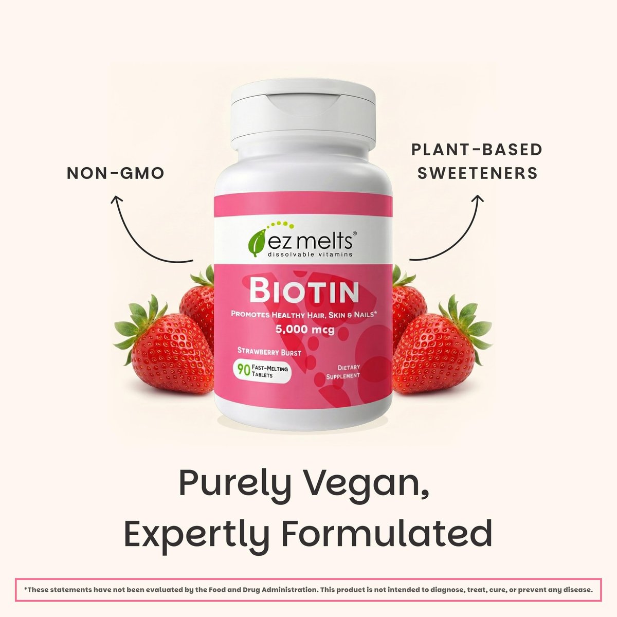 EZ Melts Biotin 90 Lutschtabletten - Vitamin B7 für gesundes Haar, Haut & Nägel - Energie-Stoffwechsel - Erdbeer-Geschmack - Vegan & Nicht-GVO
