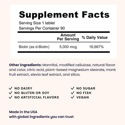 EZ Melts Biotin 90 Lutschtabletten - Vitamin B7 für gesundes Haar, Haut & Nägel - Energie-Stoffwechsel - Erdbeer-Geschmack - Vegan & Nicht-GVO