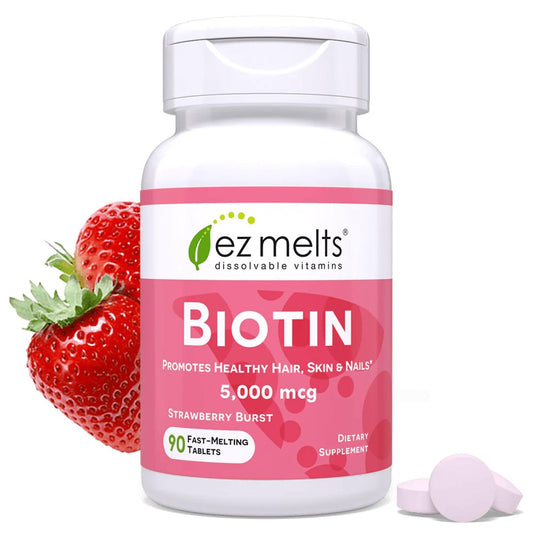 EZ Melts Biotin 90 Lutschtabletten - Vitamin B7 für gesundes Haar, Haut & Nägel - Energie-Stoffwechsel - Erdbeer-Geschmack - Vegan & Nicht-GVO