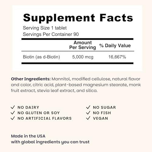 EZ Melts Biotin 90 Lutschtabletten - Vitamin B7 für gesundes Haar, Haut & Nägel - Energie-Stoffwechsel - Erdbeer-Geschmack - Vegan & Nicht-GVO