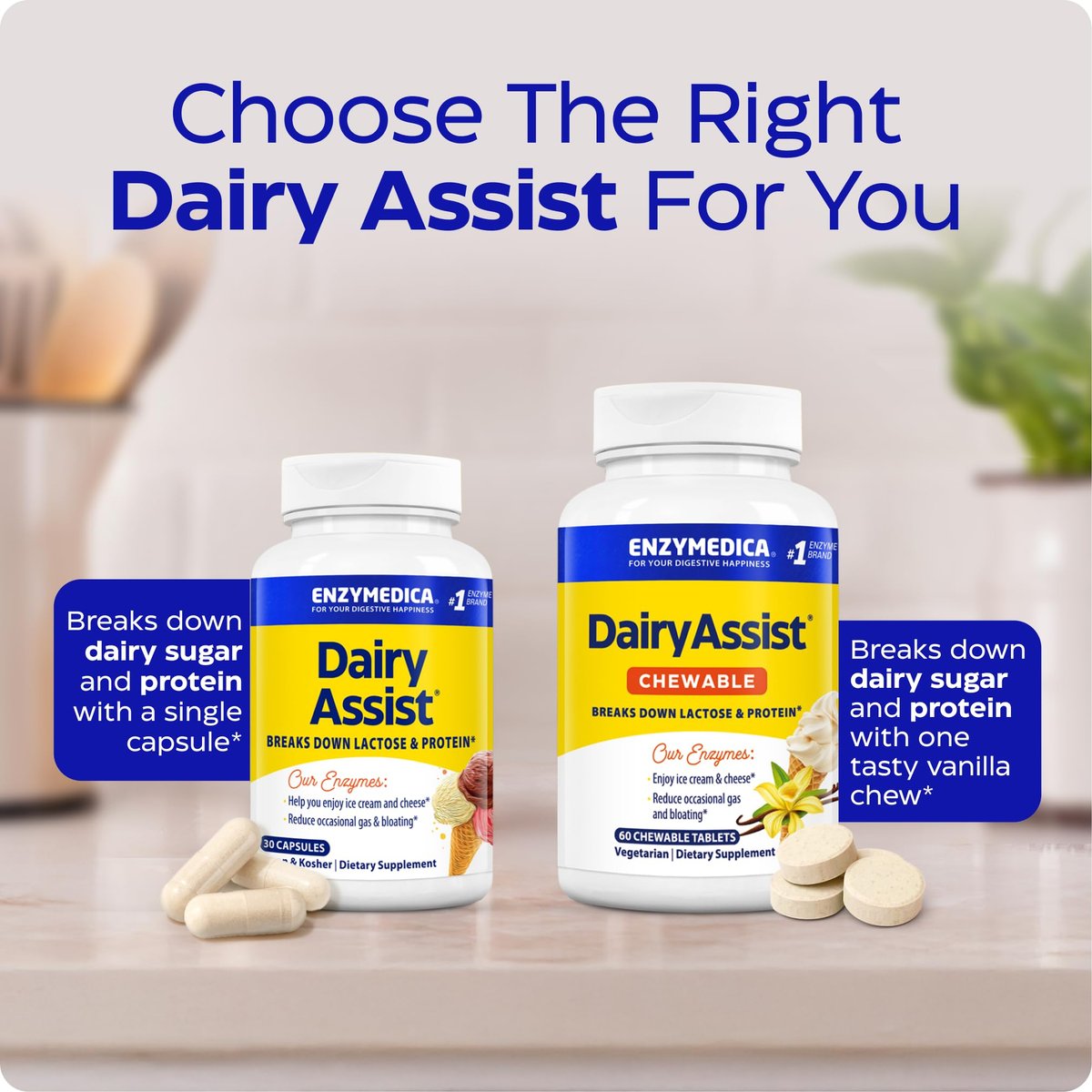 Enzymedica DairyAssist – Laktase-Enzym für Männer & Frauen – Unterstützung bei Laktoseintoleranz – Hilft beim Abbau von Milch & Milchprodukten – Reduziert Blähungen & Völlegefühl – Glutenfrei – 30 Kapseln