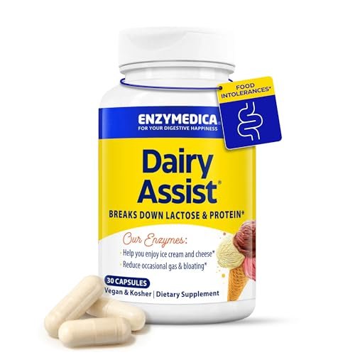 Enzymedica DairyAssist – Laktase-Enzym für Männer & Frauen – Unterstützung bei Laktoseintoleranz – Hilft beim Abbau von Milch & Milchprodukten – Reduziert Blähungen & Völlegefühl – Glutenfrei – 30 Kapseln