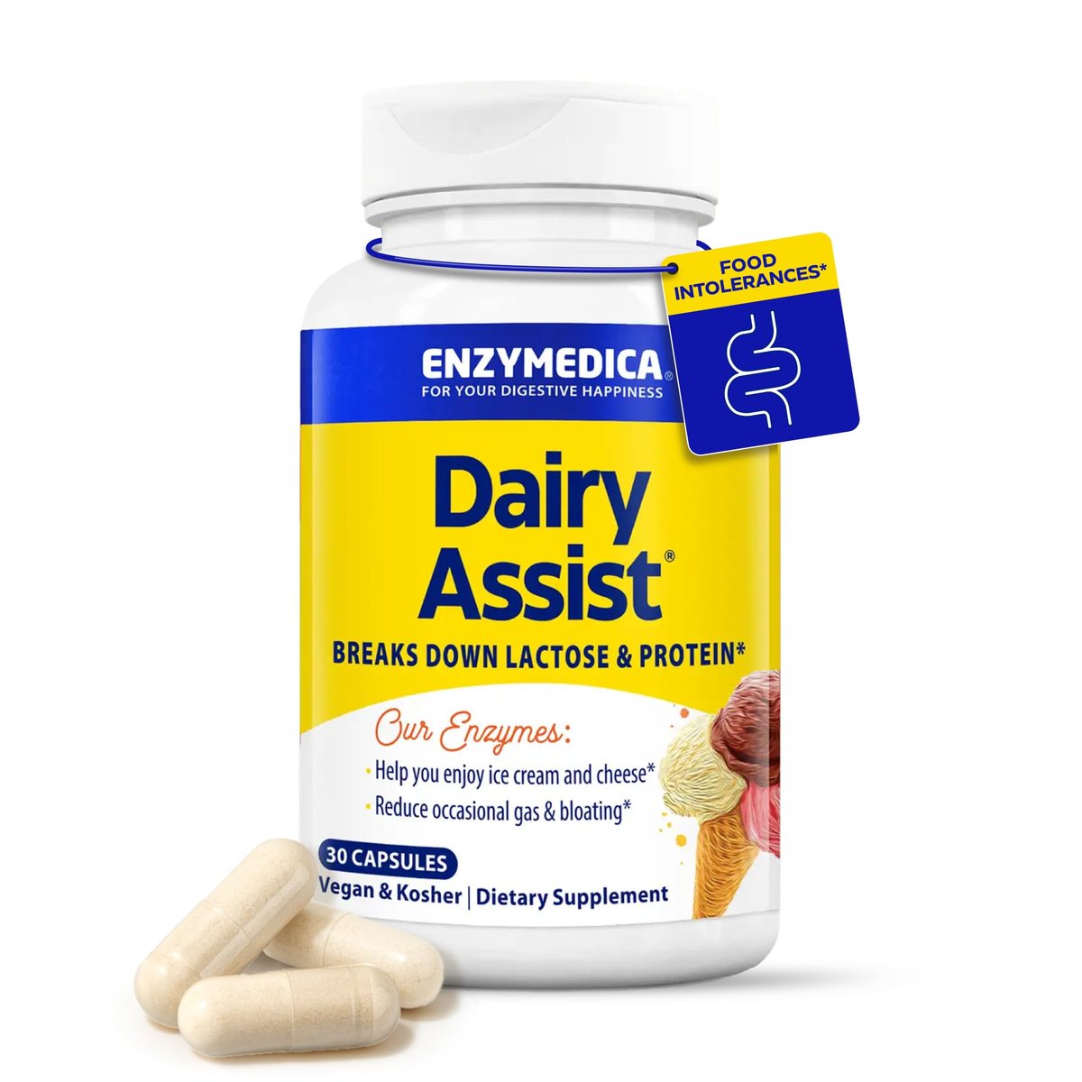 Enzymedica DairyAssist – Laktase-Enzym für Männer & Frauen – Unterstützung bei Laktoseintoleranz – Hilft beim Abbau von Milch & Milchprodukten – Reduziert Blähungen & Völlegefühl – Glutenfrei – 30 Kapseln