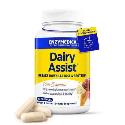 Enzymedica DairyAssist – Laktase-Enzym für Männer & Frauen – Unterstützung bei Laktoseintoleranz – Hilft beim Abbau von Milch & Milchprodukten – Reduziert Blähungen & Völlegefühl – Glutenfrei – 30 Kapseln