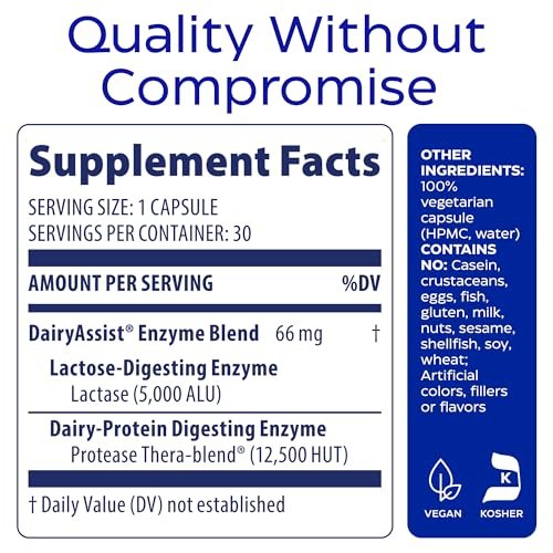 Enzymedica DairyAssist – Laktase-Enzym für Männer & Frauen – Unterstützung bei Laktoseintoleranz – Hilft beim Abbau von Milch & Milchprodukten – Reduziert Blähungen & Völlegefühl – Glutenfrei – 30 Kapseln