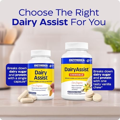 Enzymedica DairyAssist – Laktase-Enzym für Männer & Frauen – Unterstützung bei Laktoseintoleranz – Hilft beim Abbau von Milch & Milchprodukten – Reduziert Blähungen & Völlegefühl – Glutenfrei – 30 Kapseln