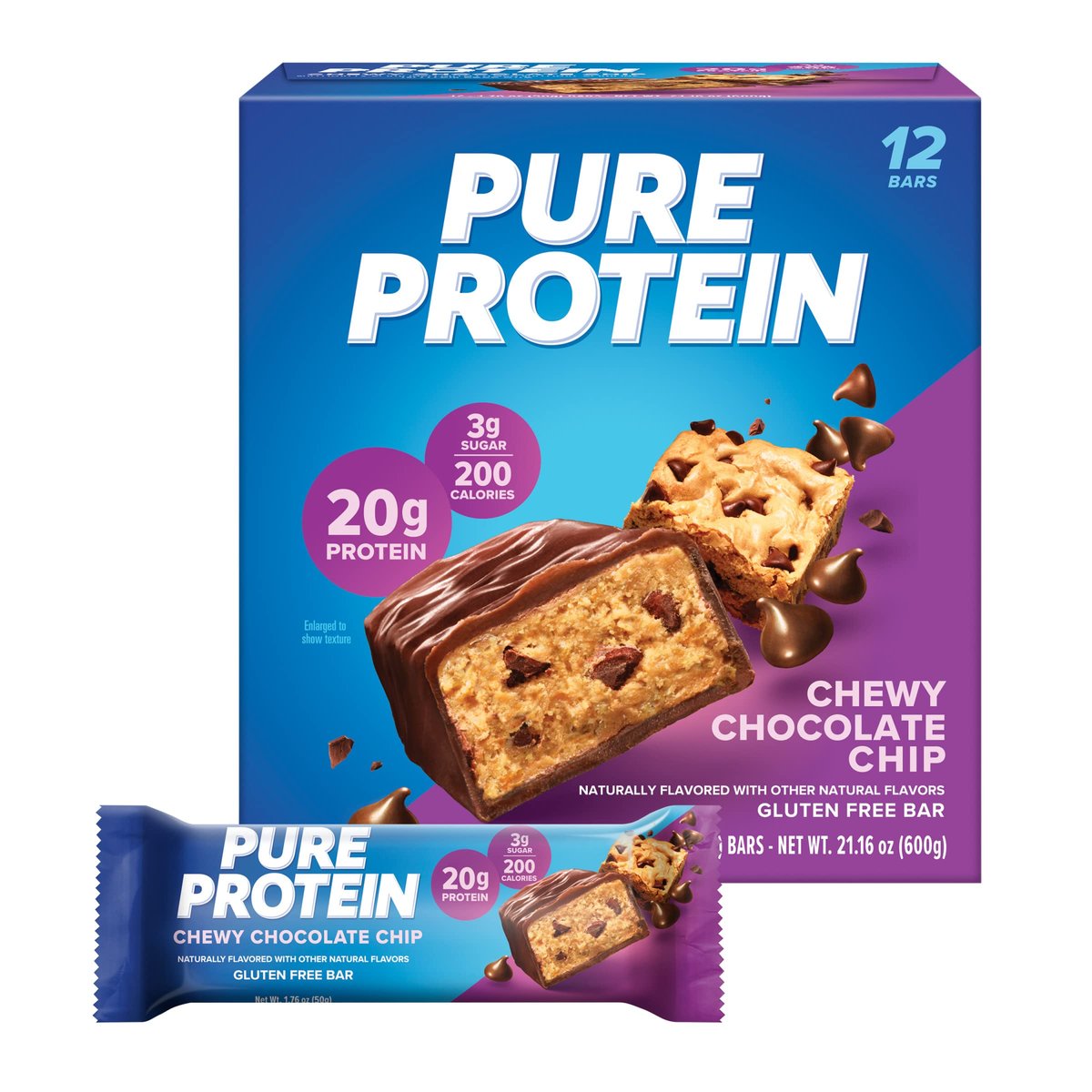 Pure Protein Chewy Chocolate Chip Proteinriegel – 20g Protein, 3g Zucker, 190 Kalorien (12er Pack) – glutenfrei, zuckerarm, idealer Snack