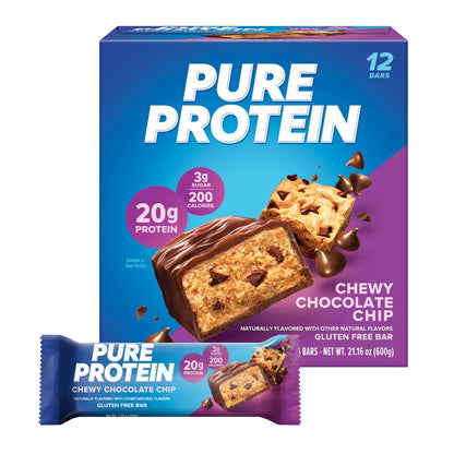 Pure Protein Chewy Chocolate Chip Proteinriegel – 20g Protein, 3g Zucker, 190 Kalorien (12er Pack) – glutenfrei, zuckerarm, idealer Snack