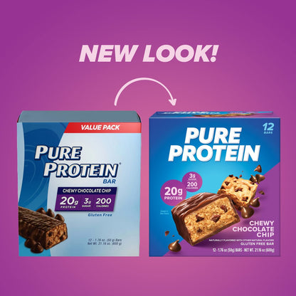 Pure Protein Chewy Chocolate Chip Proteinriegel – 20g Protein, 3g Zucker, 190 Kalorien (12er Pack) – glutenfrei, zuckerarm, idealer Snack