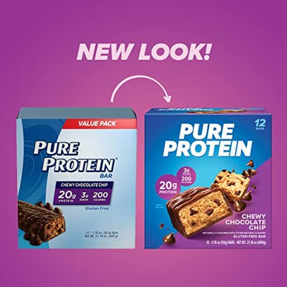 Pure Protein Chewy Chocolate Chip Proteinriegel – 20g Protein, 3g Zucker, 190 Kalorien (12er Pack) – glutenfrei, zuckerarm, idealer Snack
