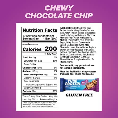 Pure Protein Chewy Chocolate Chip Proteinriegel – 20g Protein, 3g Zucker, 190 Kalorien (12er Pack) – glutenfrei, zuckerarm, idealer Snack