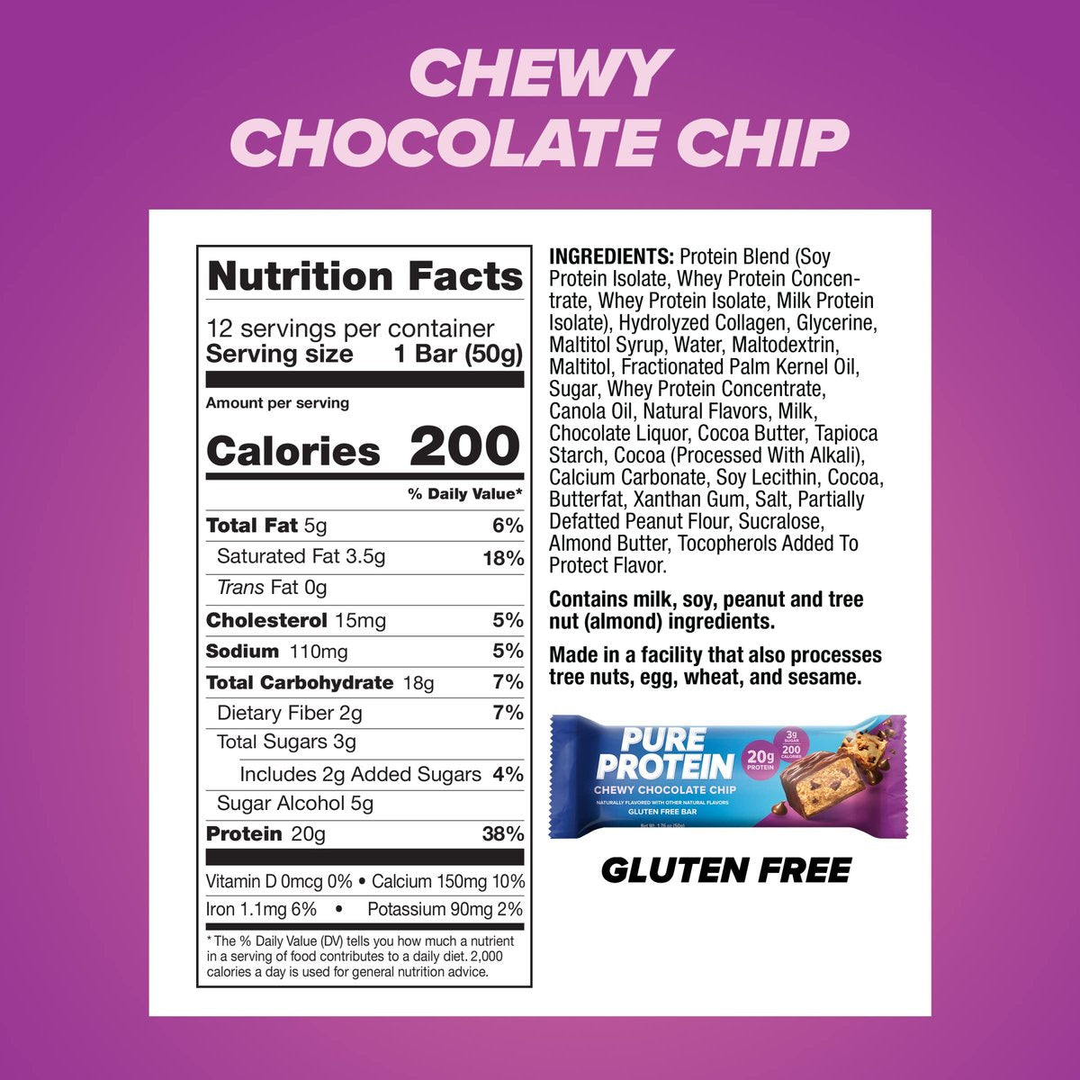 Pure Protein Chewy Chocolate Chip Proteinriegel – 20g Protein, 3g Zucker, 190 Kalorien (12er Pack) – glutenfrei, zuckerarm, idealer Snack