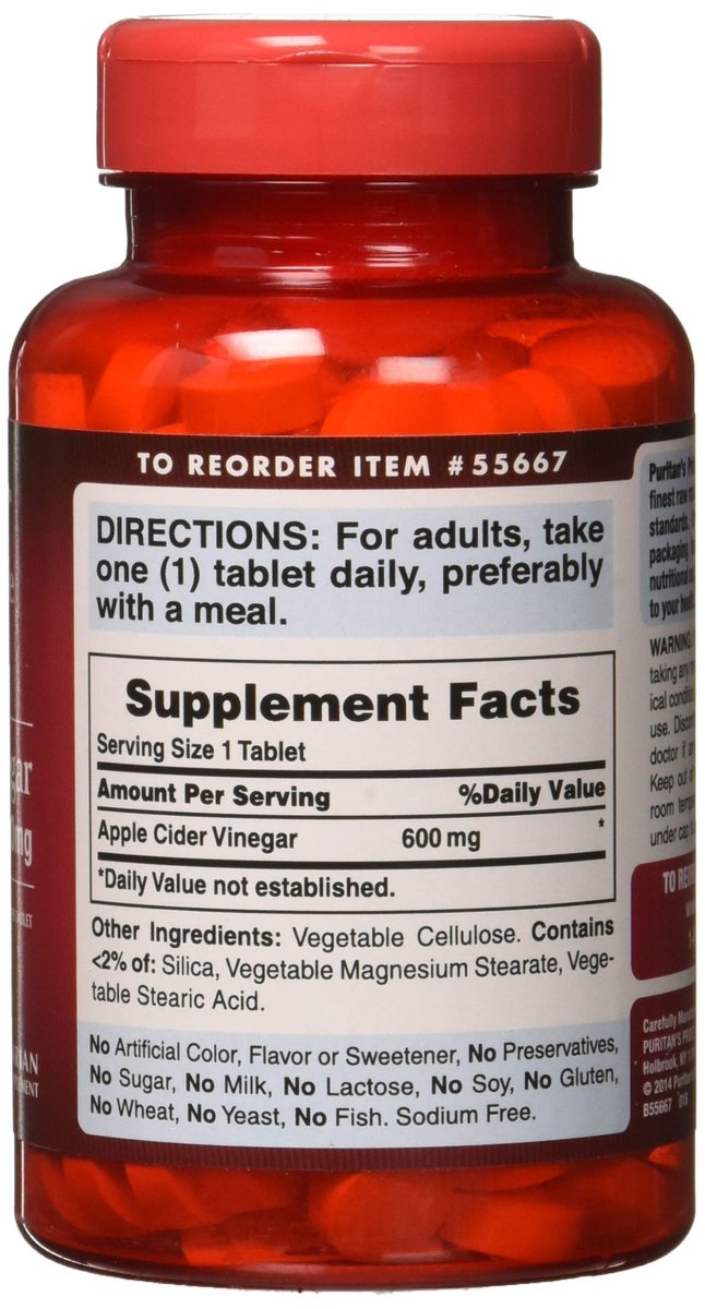 Puritan's Pride Apfelessig 600 mg, vegetarisches Nahrungsergänzungsmittel, 6-Monats-Vorrat, 200 Tabletten (Verpackung kann variieren)