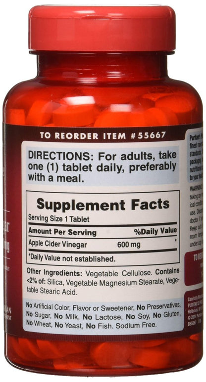 Puritan's Pride Apfelessig 600 mg, vegetarisches Nahrungsergänzungsmittel, 6-Monats-Vorrat, 200 Tabletten (Verpackung kann variieren)