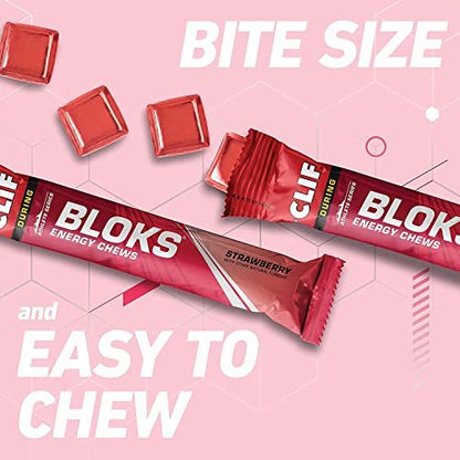CLIF BLOKS Energy Chews - Erdbeer - Non-GMO - Pflanzlich - Schnelle Energie für Radfahren und Laufen - Trainingssnack (2,1 Unzen Packung, 3 Stück)