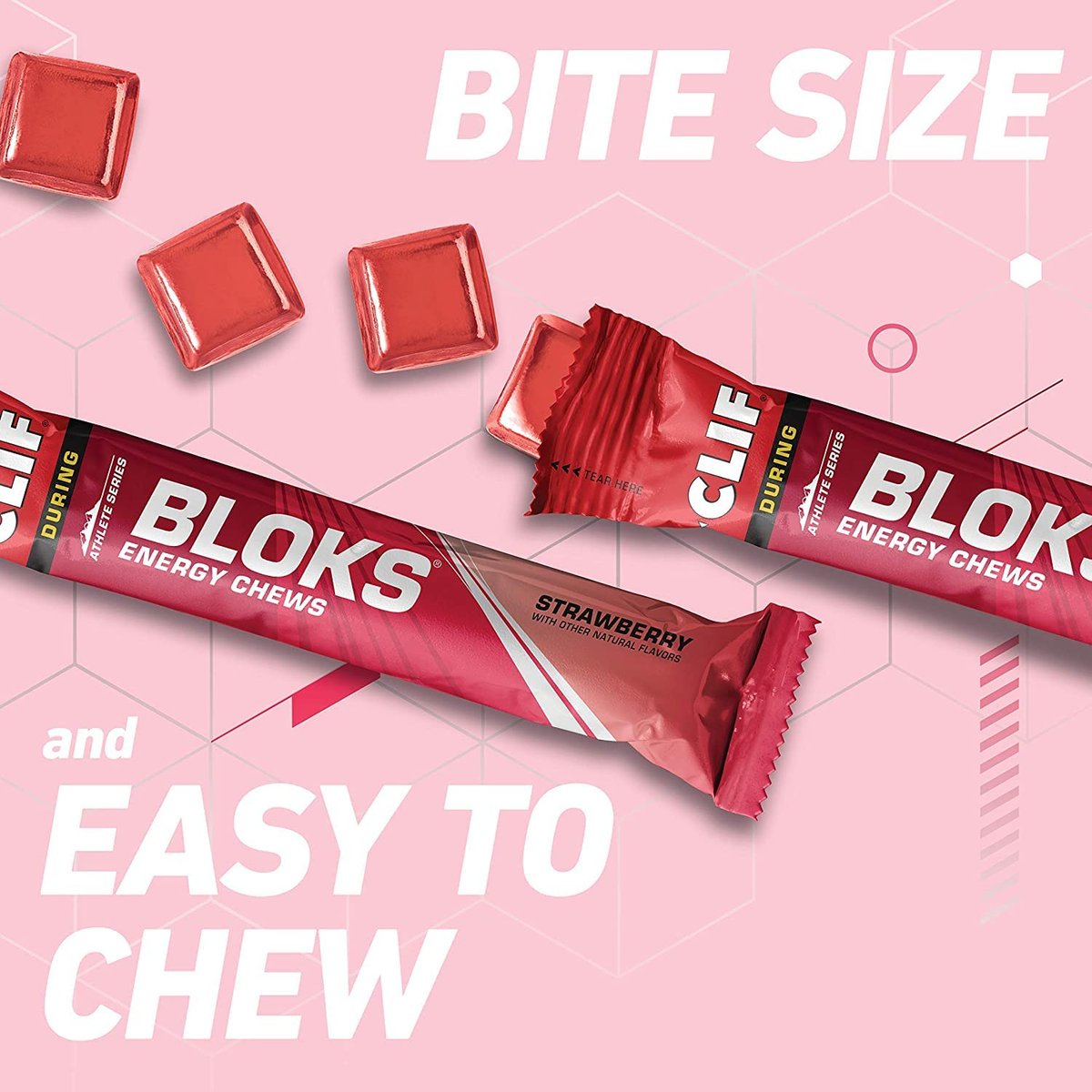 CLIF BLOKS Energy Chews - Erdbeer - Non-GMO - Pflanzlich - Schnelle Energie für Radfahren und Laufen - Trainingssnack (2,1 Unzen Packung, 3 Stück)