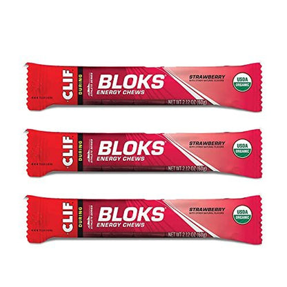 CLIF BLOKS Energy Chews - Erdbeer - Non-GMO - Pflanzlich - Schnelle Energie für Radfahren und Laufen - Trainingssnack (2,1 Unzen Packung, 3 Stück)