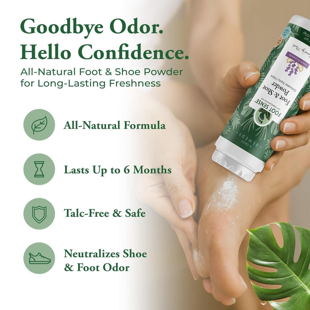 FOOT SENSE All Natural Fuß- und Schuhpuder – Lang anhaltende Geruchskontrolle bis zu 6 Monaten, desodoriert, sicher für Männer, Frauen, Kinder, Sportler, 100g