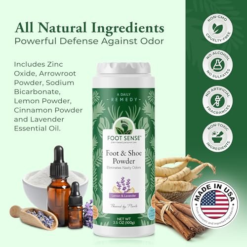 FOOT SENSE All Natural Fuß- und Schuhpuder – Lang anhaltende Geruchskontrolle bis zu 6 Monaten, desodoriert, sicher für Männer, Frauen, Kinder, Sportler, 100g