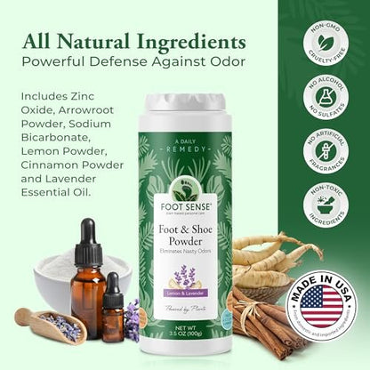 FOOT SENSE All Natural Fuß- und Schuhpuder – Lang anhaltende Geruchskontrolle bis zu 6 Monaten, desodoriert, sicher für Männer, Frauen, Kinder, Sportler, 100g