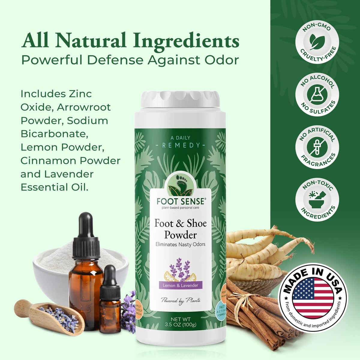 FOOT SENSE All Natural Fuß- und Schuhpuder – Lang anhaltende Geruchskontrolle bis zu 6 Monaten, desodoriert, sicher für Männer, Frauen, Kinder, Sportler, 100g