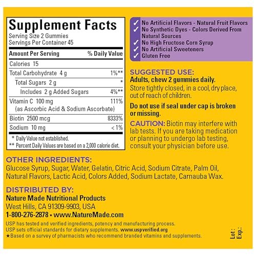 Nature Made Haare, Haut und Nägel mit Biotin 2500 mcg - Nahrungsergänzungsmittel für gesunde Haare, Haut & Nägel - 90 Gummis, 45-Tage-Vorrat