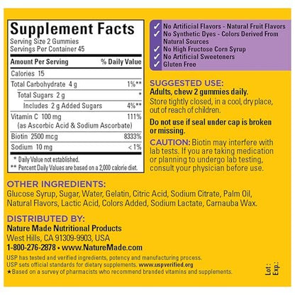 Nature Made Haare, Haut und Nägel mit Biotin 2500 mcg - Nahrungsergänzungsmittel für gesunde Haare, Haut & Nägel - 90 Gummis, 45-Tage-Vorrat