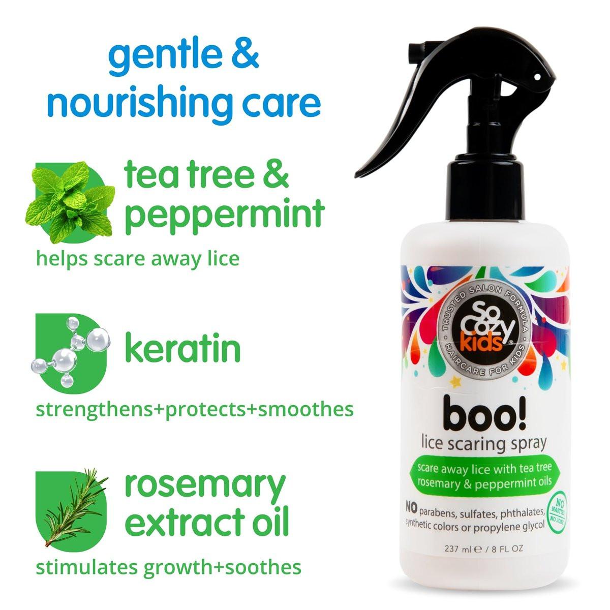SoCozy Boo Lice Scaring Spray für Kinderhaar – Wirksame Läuseabwehr mit Teebaumöl, Rosmarinöl & Keratin, 237 ml