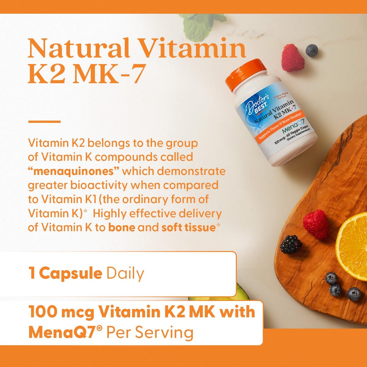Doctor's Best Natürliches Vitamin K2 MK7 Supplement für Männer & Frauen - Knochengesundheit Unterstützung, 100 mcg Vitamin K-2 MK-7 Kapseln mit MenaQ7, Calcium Unterstützung, Non GMO, Vegan - 60 Veg Kapseln
