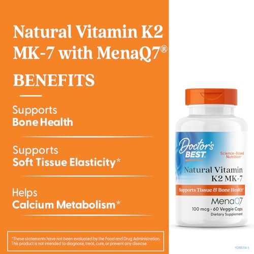 Doctor's Best Natürliches Vitamin K2 MK7 Supplement für Männer & Frauen - Knochengesundheit Unterstützung, 100 mcg Vitamin K-2 MK-7 Kapseln mit MenaQ7, Calcium Unterstützung, Non GMO, Vegan - 60 Veg Kapseln