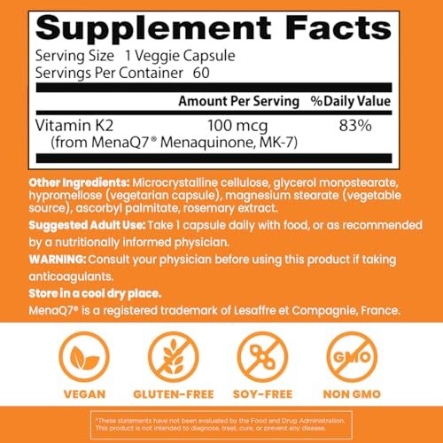 Doctor's Best Natürliches Vitamin K2 MK7 Supplement für Männer & Frauen - Knochengesundheit Unterstützung, 100 mcg Vitamin K-2 MK-7 Kapseln mit MenaQ7, Calcium Unterstützung, Non GMO, Vegan - 60 Veg Kapseln