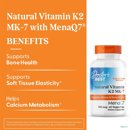 Doctor's Best Natürliches Vitamin K2 MK7 Supplement für Männer & Frauen - Knochengesundheit Unterstützung, 100 mcg Vitamin K-2 MK-7 Kapseln mit MenaQ7, Calcium Unterstützung, Non GMO, Vegan - 60 Veg Kapseln