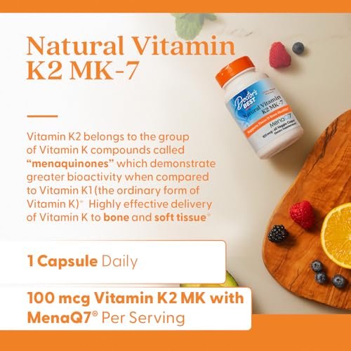 Doctor's Best Natürliches Vitamin K2 MK7 Supplement für Männer & Frauen - Knochengesundheit Unterstützung, 100 mcg Vitamin K-2 MK-7 Kapseln mit MenaQ7, Calcium Unterstützung, Non GMO, Vegan - 60 Veg Kapseln