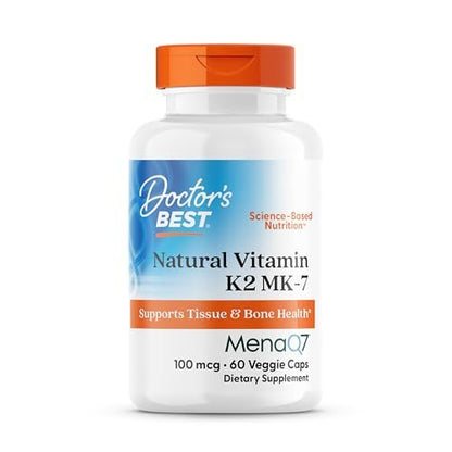 Doctor's Best Natürliches Vitamin K2 MK7 Supplement für Männer & Frauen - Knochengesundheit Unterstützung, 100 mcg Vitamin K-2 MK-7 Kapseln mit MenaQ7, Calcium Unterstützung, Non GMO, Vegan - 60 Veg Kapseln