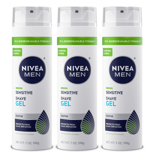 NIVEA MEN Sensitive Shaving Gel – Sanfte Rasur für empfindliche Haut, mit VitaminPro Komplex, 7 oz Dose, 3er Pack