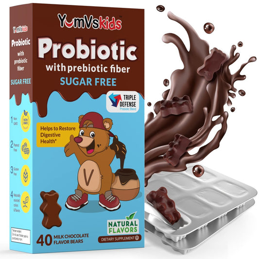YumVs Probiotika für Kinder mit präbiotischen Ballaststoffen, zuckerfreie Schokoladen-Kautabletten – Nahrungsergänzungsmittel für die Verdauungsgesundheit – für Kleinkinder, Kinder & Teenager, 60 Stück