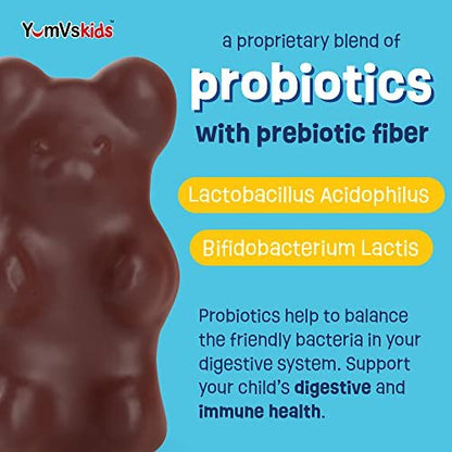 YumVs Probiotika für Kinder mit präbiotischen Ballaststoffen, zuckerfreie Schokoladen-Kautabletten – Nahrungsergänzungsmittel für die Verdauungsgesundheit – für Kleinkinder, Kinder & Teenager, 60 Stück