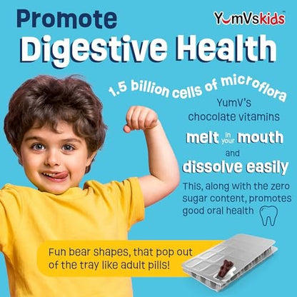 YumVs Probiotika für Kinder mit präbiotischen Ballaststoffen, zuckerfreie Schokoladen-Kautabletten – Nahrungsergänzungsmittel für die Verdauungsgesundheit – für Kleinkinder, Kinder & Teenager, 60 Stück